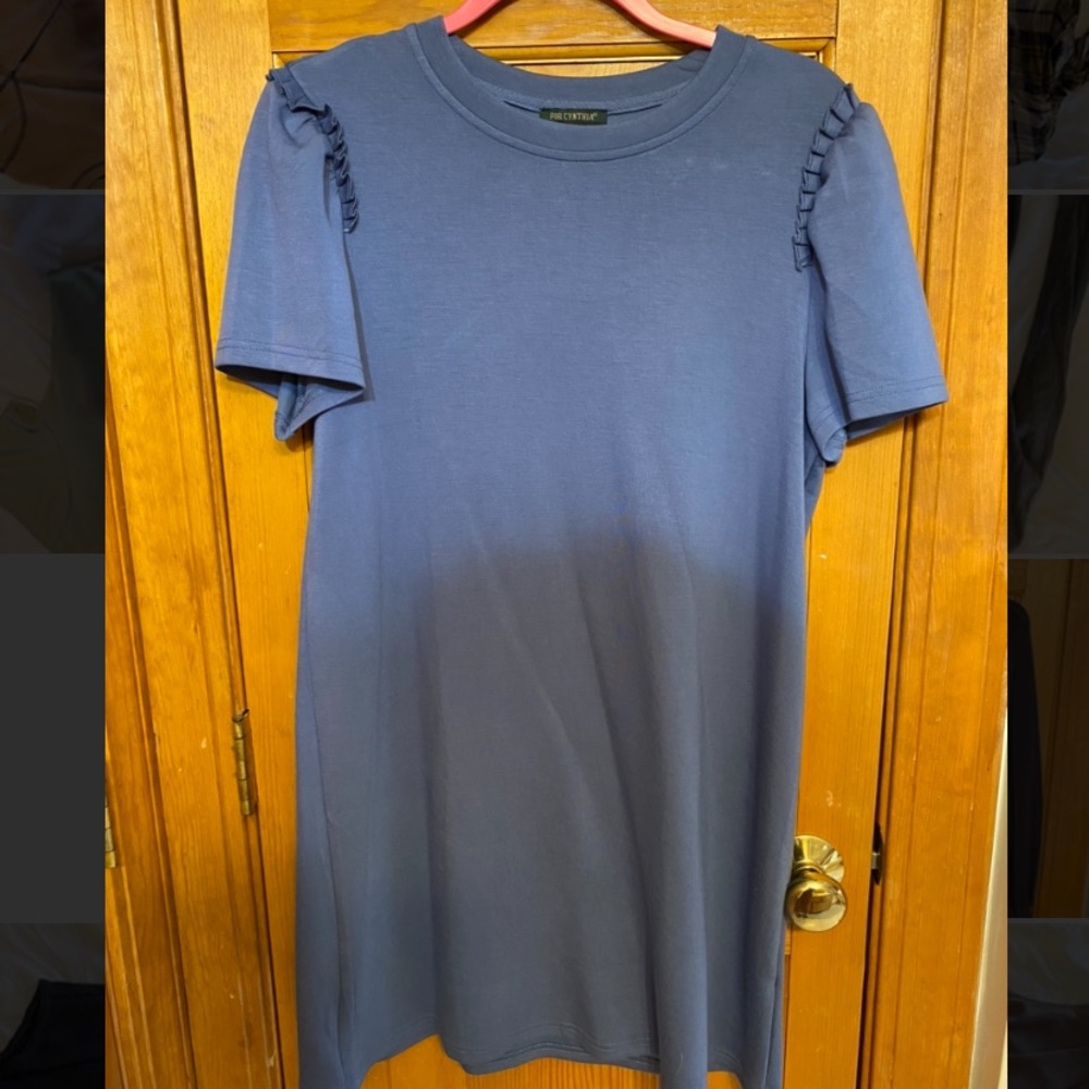Navy frill shoulder dress
